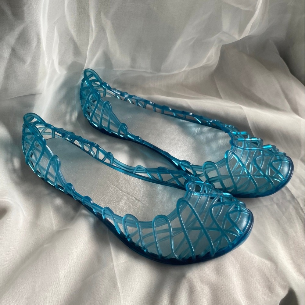 Italian Made Blue Jelly Flats Woven Lattice Retro Summer Shoes 10 Beach Ballet‎